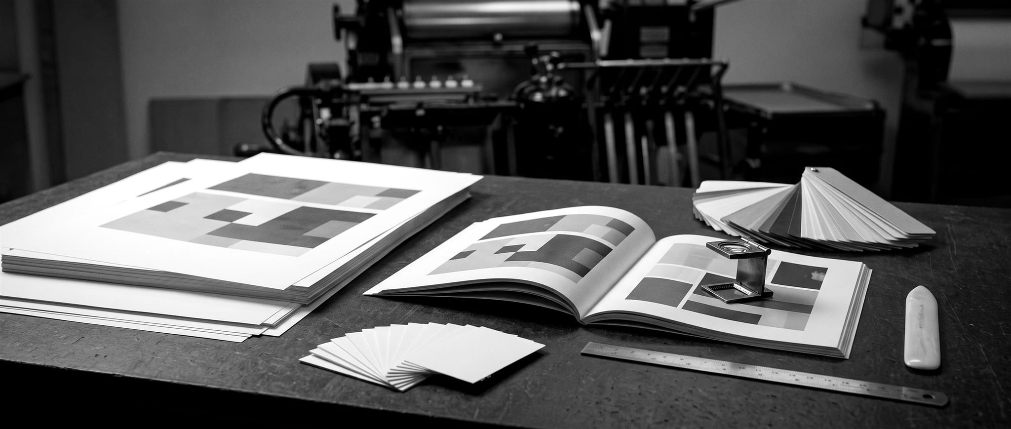 Il banco di una tipografia: pile di fogli stampati, un catalogo aperto con il contafili, biglietti da visita a ventaglio, una mazzetta di colori e, sfocata dietro, la macchina da stampa.